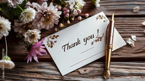 a beautifully handwritten Thank you on a white card, adorned with a bouquet of vibrant flowers and a pen, set against a wooden backdrop.