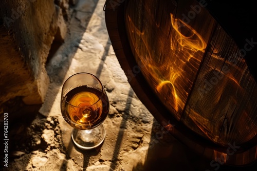 Golden Fortified Wine Glass Against Wine Cellar Background