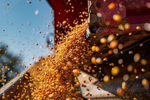 Harvested Corn Pouring into Trailer, Sunny Farm Scene