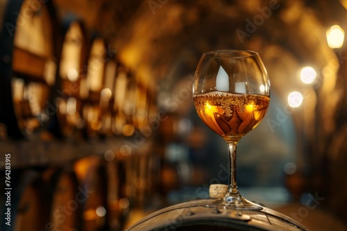 Elegant Glass of Aged Wine on a Rustic Barrel © Ilia Nesolenyi