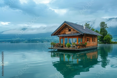 A small wooden house perched on a lake, creating a picturesque scene of serenity in the midst of nature, A floating house on a peaceful lake, AI Generated