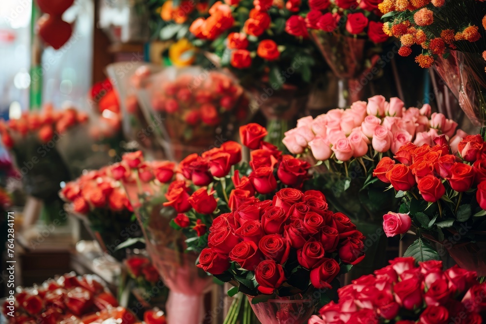 A collection of vases filled with various red and pink flowers arranged in an eye-catching display, A flower shop filled with vibrant red roses and heart-shaped flower arrangements, AI Generated - obrazy, fototapety, plakaty 