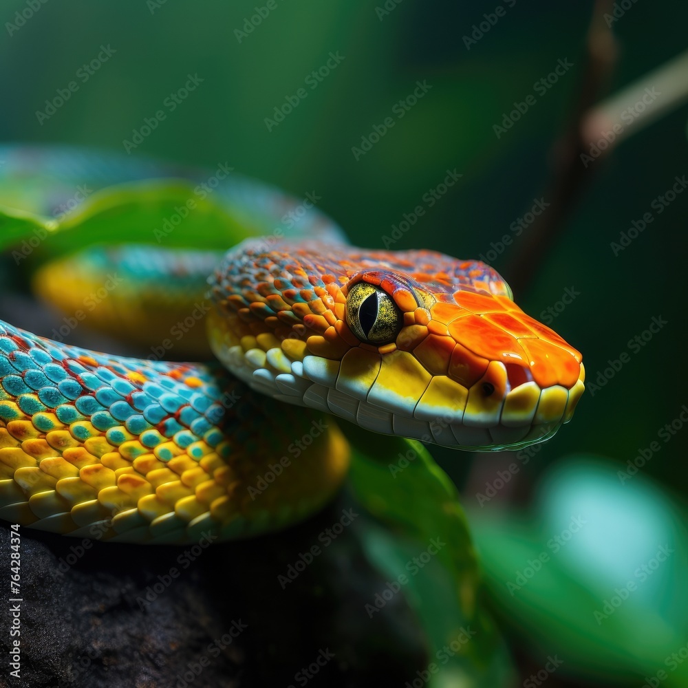 Fototapeta premium Colorful snake is sitting on a rock.