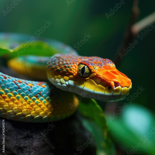 Colorful snake is sitting on a rock.
