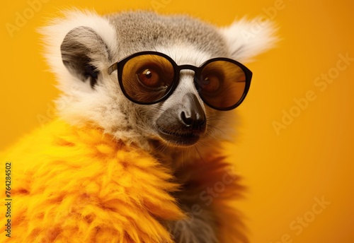 Lemur in sunglasses. Close-up portrait of a lemur. An anthopomorphic creature. A fictional character for advertising and marketing. Humorous character for graphic design.