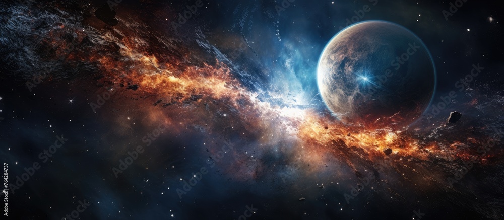 Obraz premium An awe-inspiring image showing Earth from space surrounded by stars, nebulas, and distant galaxies