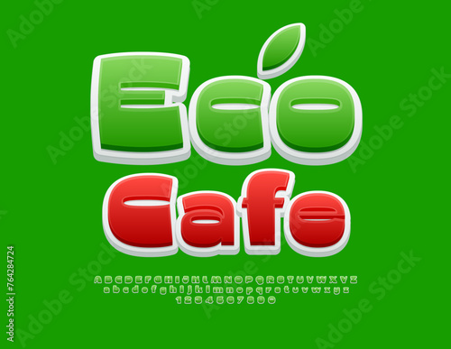 Vector eco concept Eco Cafe. Exclusive Green Font. Bright decorative Alphabet Letters and Numbers set.