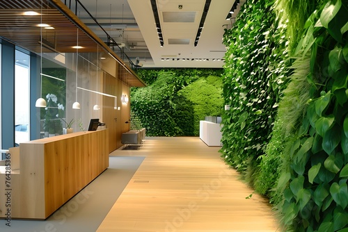 Modern office hallway with green living walls and wooden elements