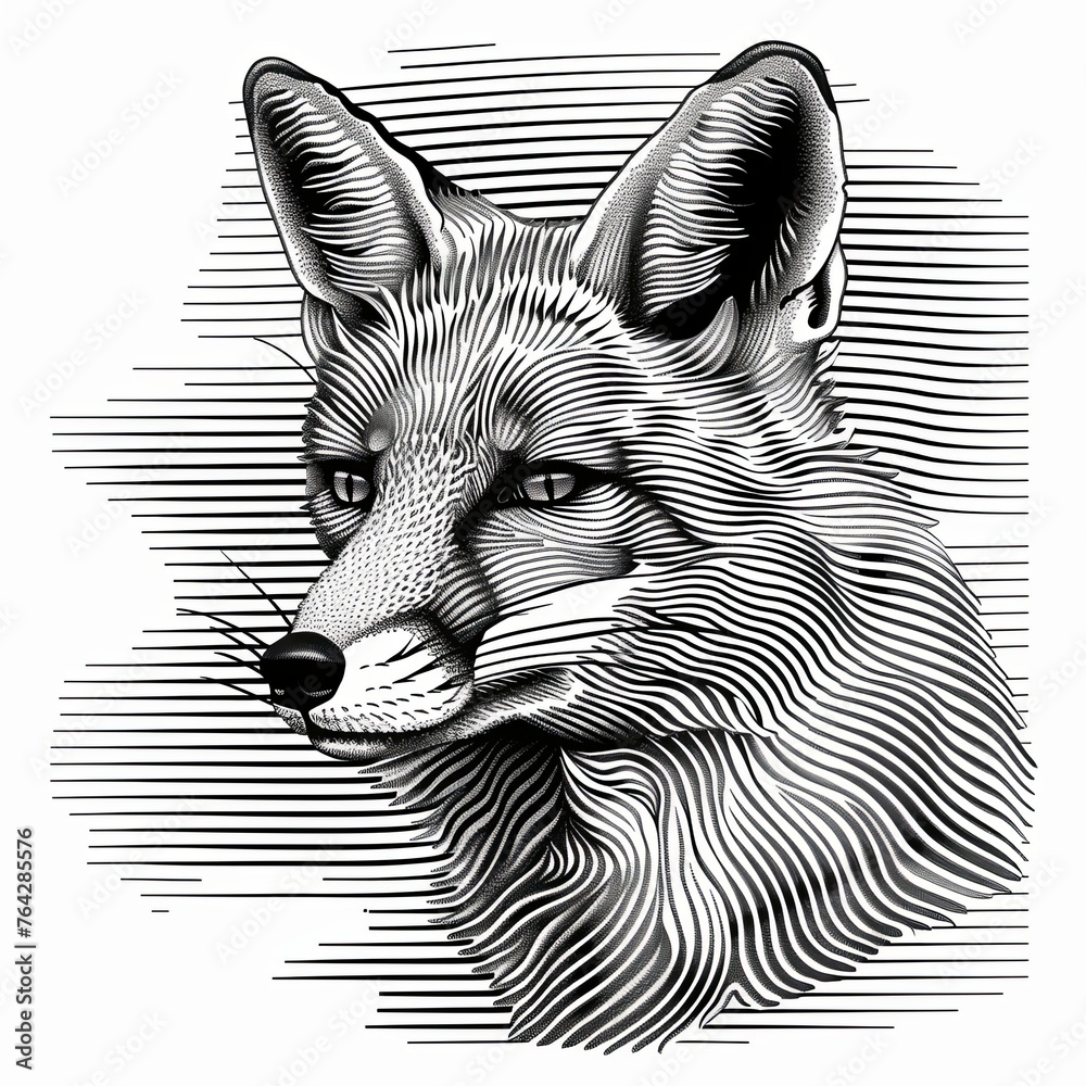 Obraz premium A close-up of the fox's face. Animalism. Imitation sketch print in black and white coloring. Illustration for cover, card, postcard, interior design, decor or print.