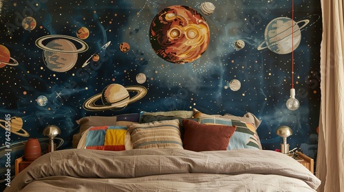 Cozy Bedroom with Space-Themed Planetary Wall Mural photo