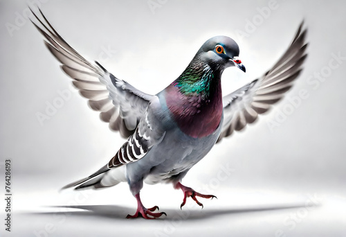 An isolated pigeon captured in mid-stride on a white backdrop, its movements frozen in time, allowing for a detailed examination of the bird's graceful posture and unique features © Tanveer