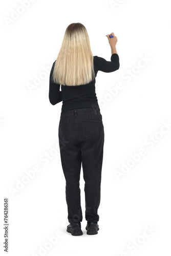rear view of a woman drawing or writing imaginatively on white background.