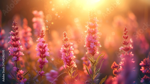 Wild pink flowers in the field during sunset © Volodymyr
