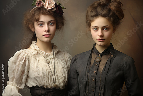 Portrait of two girls in the style of the 40s of the 20th century