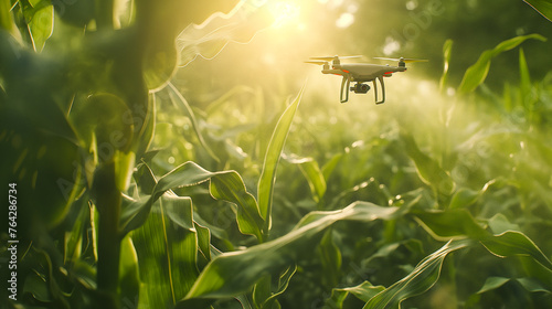An unmanned quadcopter sprays corn fields. Modern technologies in agronomy. Close-up, effective technology photo
