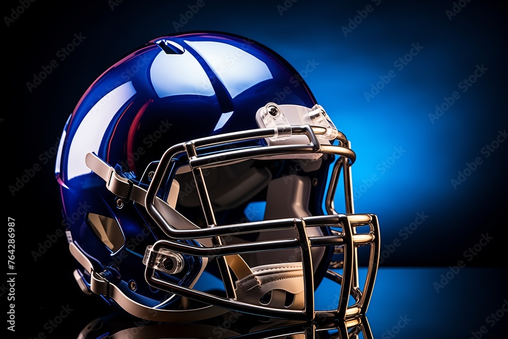 Fototapeta premium A football helmet placed on a shiny, reflective surface, creating an interesting play of light and shadows.