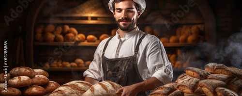 baker making bread in tratitonal bakery shop.