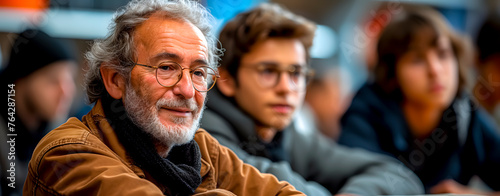 A man in his 60s with white hair and glasses sitting next to some young people