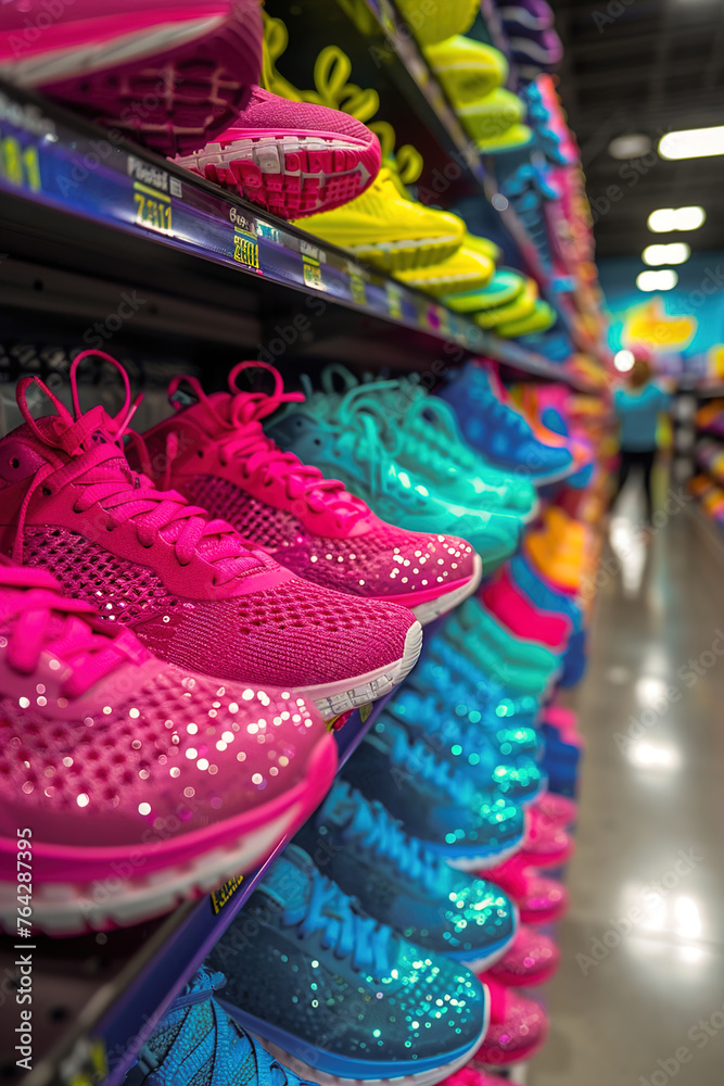 Shoe store display highlights an array of footwear, athletic shoes and sneakers.