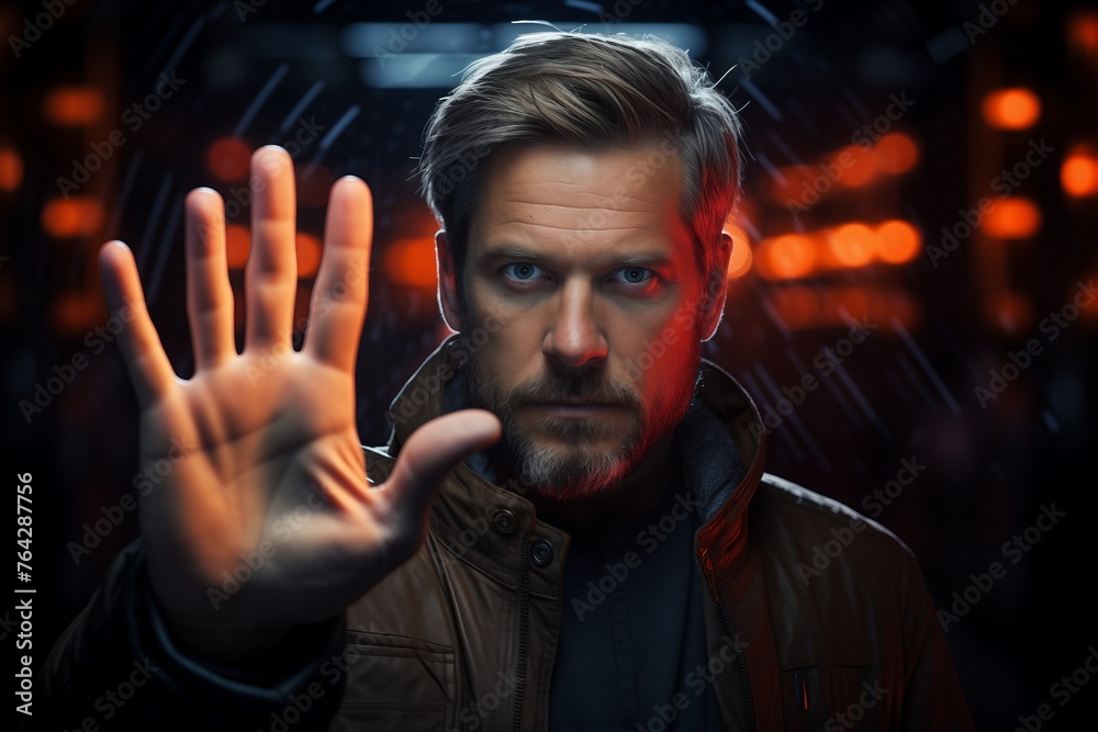 A man with a beard holds up his hand, palm forward, with a serious expression on his face A man with a beard holds up his hand, palm forward, with a serious expression on his face