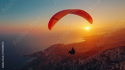 Paragliding Over Mountain at Sunset photo