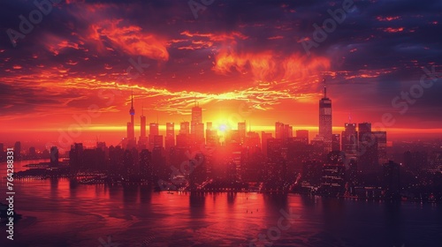 Sunset Over City and Water