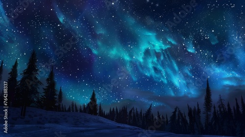 Night Sky with Aurora Borealis over Winter Forest photo