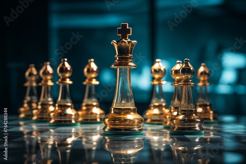 A golden chess set glistens on a shiny surface, showcasing intricate details and elegant design.