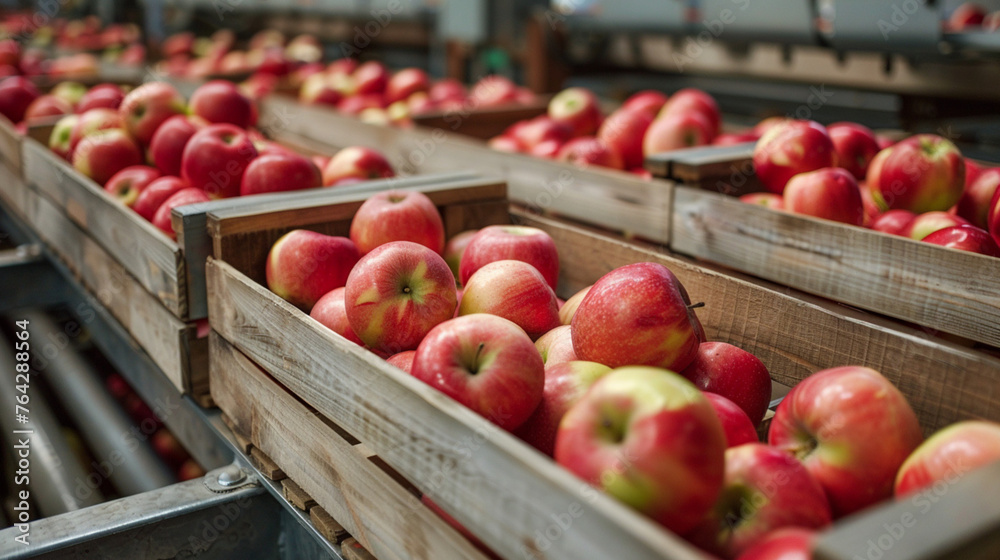 Fresh Apple box in line production conveyor belt. Fresh Apple box in line production conveyor belt.