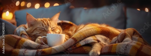 Cozy ginger cat napping on a blanket with a warm cup, evoking a sense of comfort and homely warmth; Concept of relaxation, domestic life, and pet care
 photo