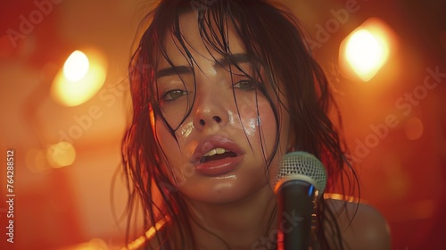 Woman With Wet Hair Holding Microphone