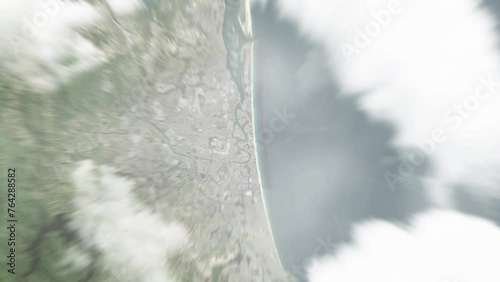 Earth zoom in from space to Gold Coast, Australia. Followed by zoom out through clouds and atmosphere into space. Satellite view. Travel intro. Images from NASA