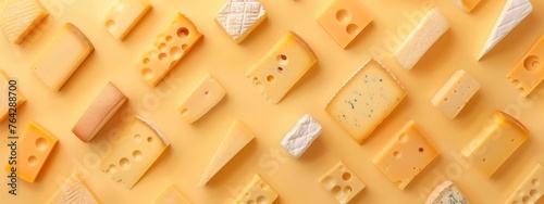 Pattern of assortment cheeses on yellow background.  Different kinds of delicious cheese. Suluguni with spice, camembert, blue cheese, parmesan, maasdam, brie cheese with rosemary and pepper.