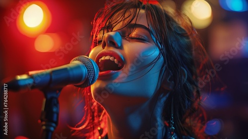 Woman Singing Into Microphone With Red Light © olegganko