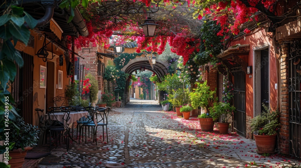 Cobblestone Street With Potted Plants and Flowers