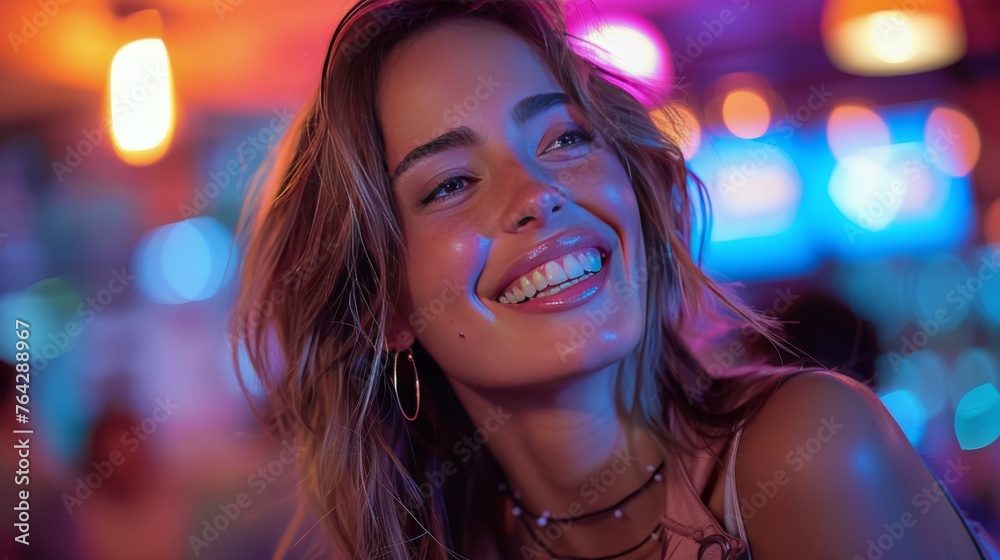Woman Laughing in Bar With Neon Lights