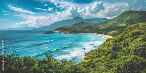 Serene Caribbean Coastline with Lush Greenery and Turquoise Waters
