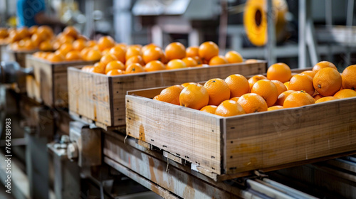 Fresh Orange box in line production conveyor belt. © Sun