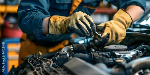 A man wearing mechanic gloves works on a car engine in a garage. Concept Automotive maintenance, Garage work, Technician in action, Mechanic attire, Car repair,