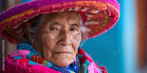 Elderly Indigenous Woman in Colorful Traditional Attire