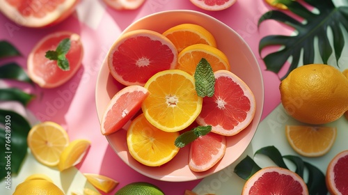 organic salad with juicy strawberries, ripe tomatoes, and citrus slices, nestled among fresh greens on a textured backdrop, showcasing natural healthy food