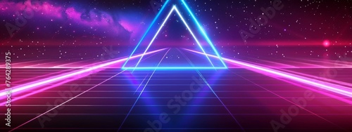 Futuristic retro background with rainbow comets and neon triangle. Abstract blue and pink light background, empty space scene. Speed of light in galaxy. Explosion in universe. Cosmic backdrop