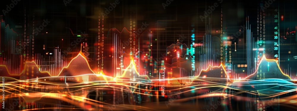 Glowing big data forex candlestick chart on blurry darkbackground. Financial graph diagram. Currency and financial investment trade. Technology and analysis concept. Abstract cryptocurrency banner