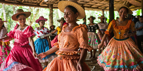 Traditional Joropo Dance Performance by Women in Vibrant Dresses photo