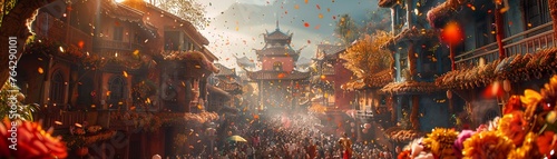 Craft a visually stunning long shot that showcases the vibrant celebrations of various global festivals Incorporate elements such as intricate decorations, spirited dancers, and jubilant spectators to photo