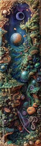 Craft an extraordinary visual representation of alien ecosystems, observed from above in intricate detail Let the unique flora and fauna puzzle viewers, inviting them to contemplate the diversity and 