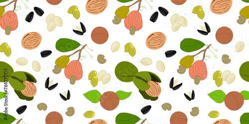 Nuts seamless pattern with tasty walnut, pumpkin seeds, Macadamia, cashew, sunflower seeds. Various nuts in flat stytle on white background. Food texture for grocery shop. Vector illustration photo