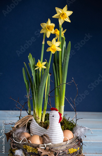 Easter decor in rustic style. Nest, chicken, yellow daffodils on navy blue background.Handmade.Concept of home comfort and decor on  bright holiday of Easter. Vertical
