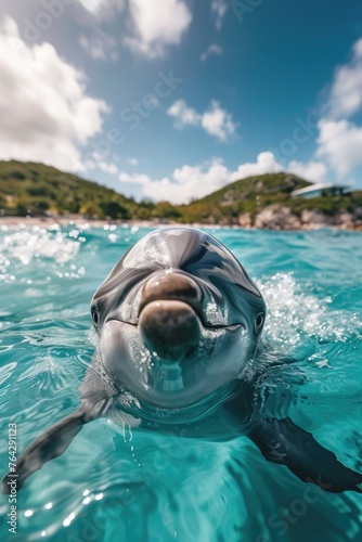 Smiling Dolphin in Sun-Kissed Ocean Waves