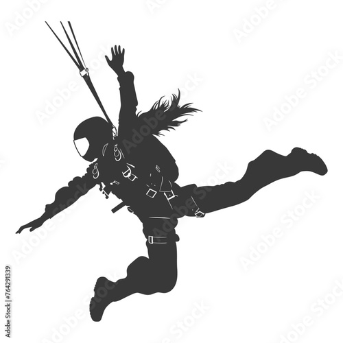 Silhouette skydiver woman in action full body black color only